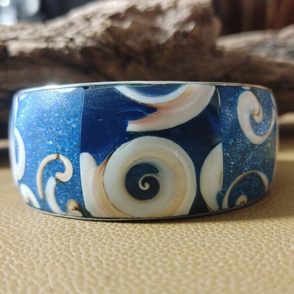 Conch Shell Inlay Swirl Textured Cuff Bracelet Blue Pink White Natural Stone - Picture 2 of 14